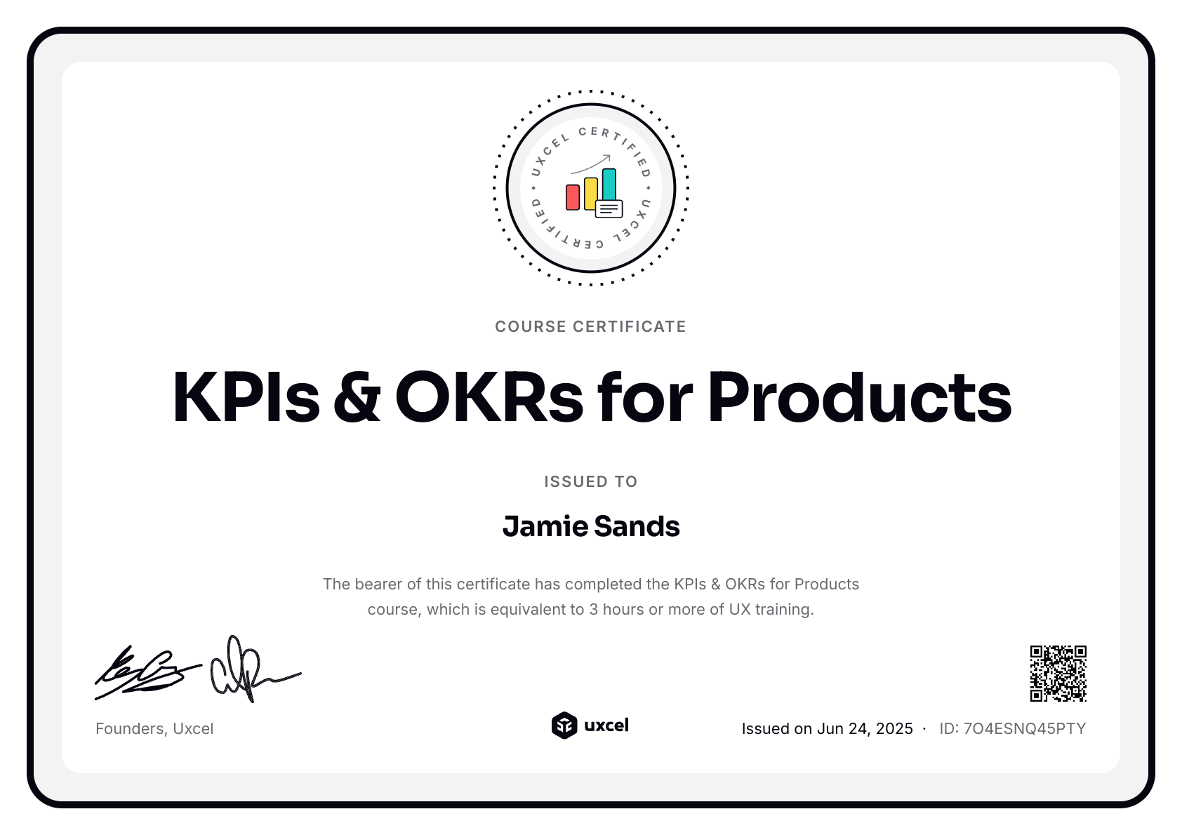 Jamie Sands's certificate